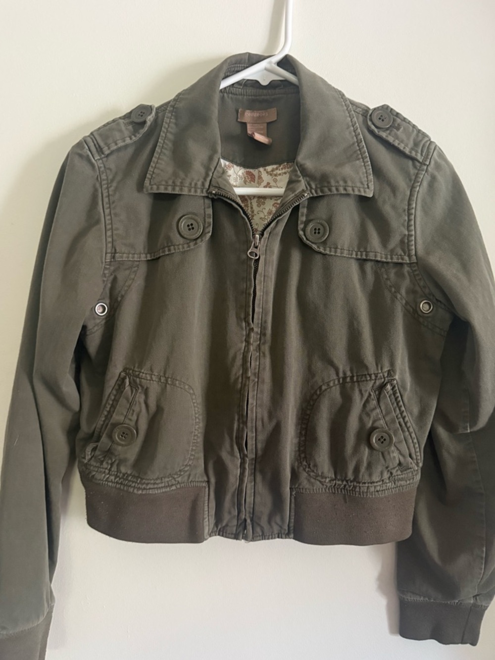 Olive Utility Bomber Jacket - Button Pocket Detail